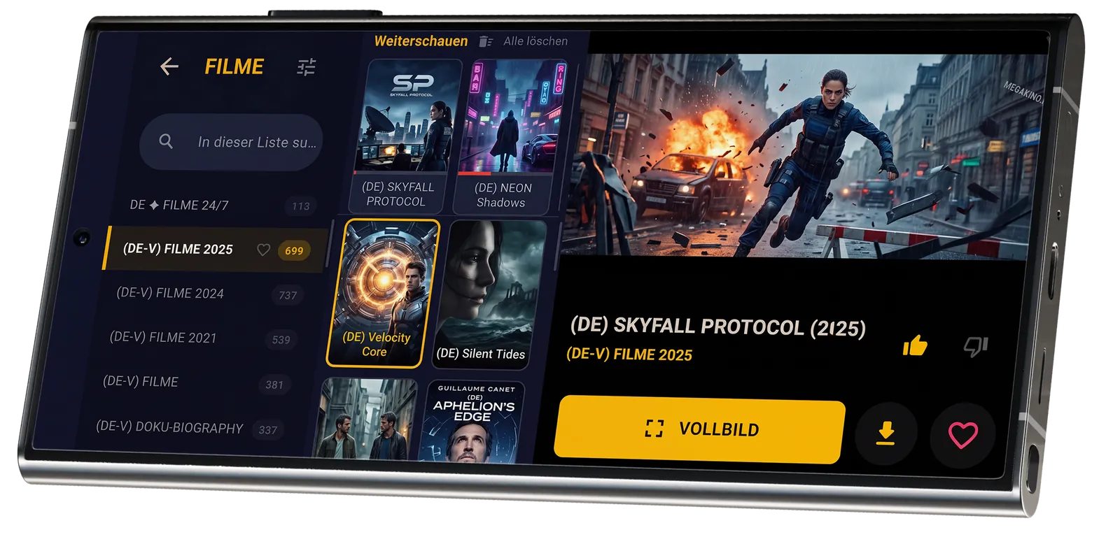 Filmbereich: Weiterschauen, Kategorieanzahl, Vollbild mit einem Tipp