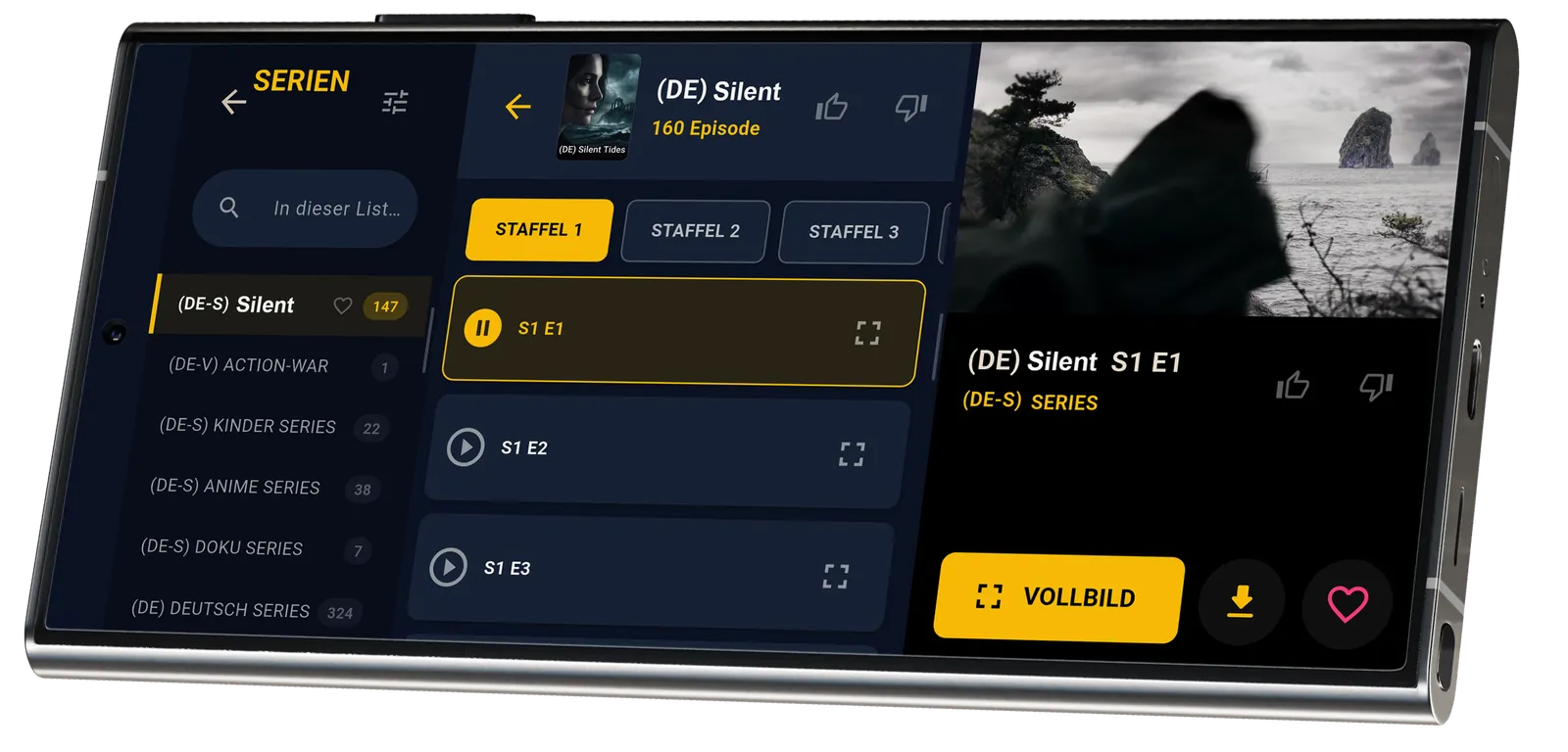 Serienbereich: Staffel- und Episodenliste, Download und Favorit