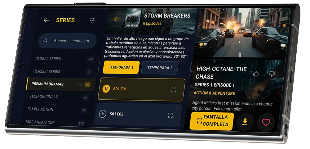 Pantalla de series: lista de temporadas y episodios, descarga y favoritos